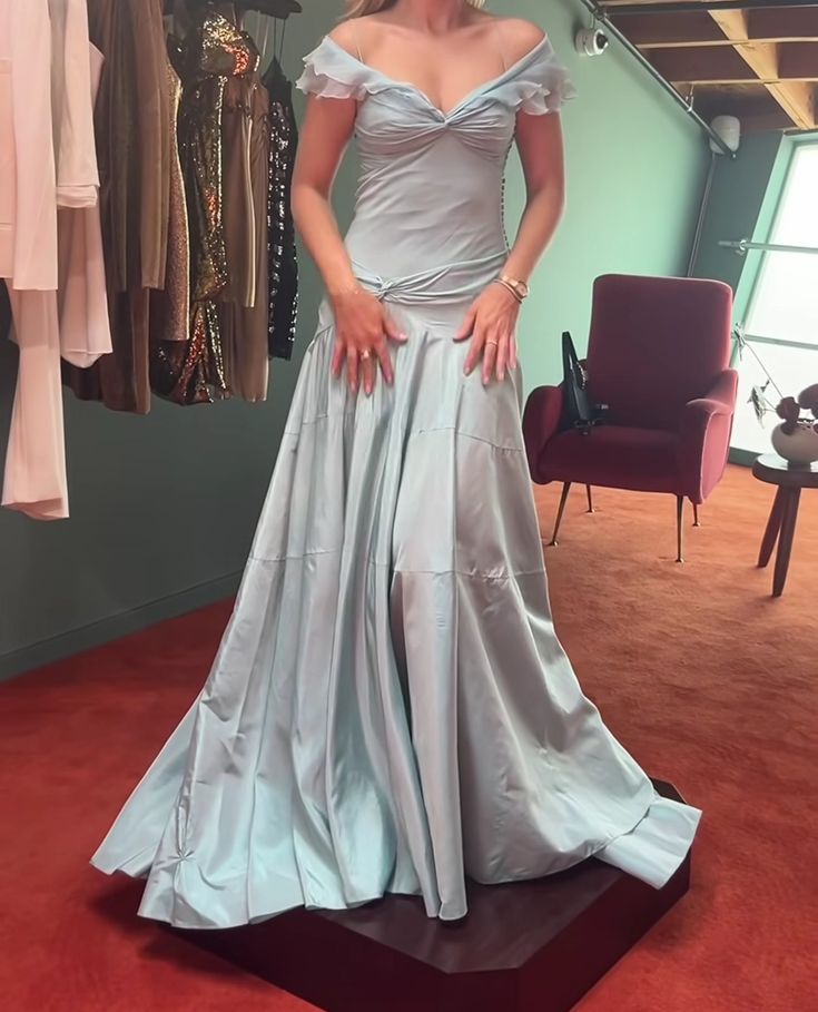 Blue elegant simple off-shoulder tulle long ball gown evening dress gh3018