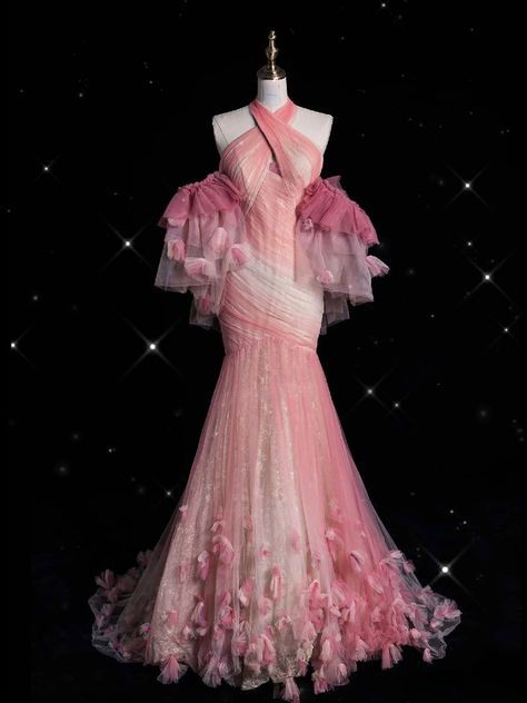✨Girlhomeshops-Pink 3D Floral Ombre Mermaid Prom Dress With Detachable Sleeves gh10180