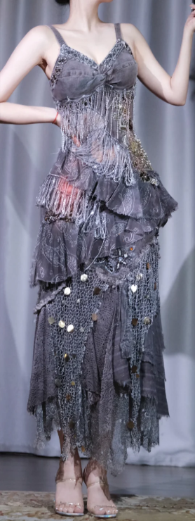 ✨Girlhomeshops-Grey Fringe Midi Homecoming Dress Boho Metal Coin Tiered Party Gown gh9986