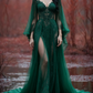girlhomeshops-Long Sleeves Long Tulle Floor-Length Train Retro Elegant Ball Gown Evening Dress gh5943