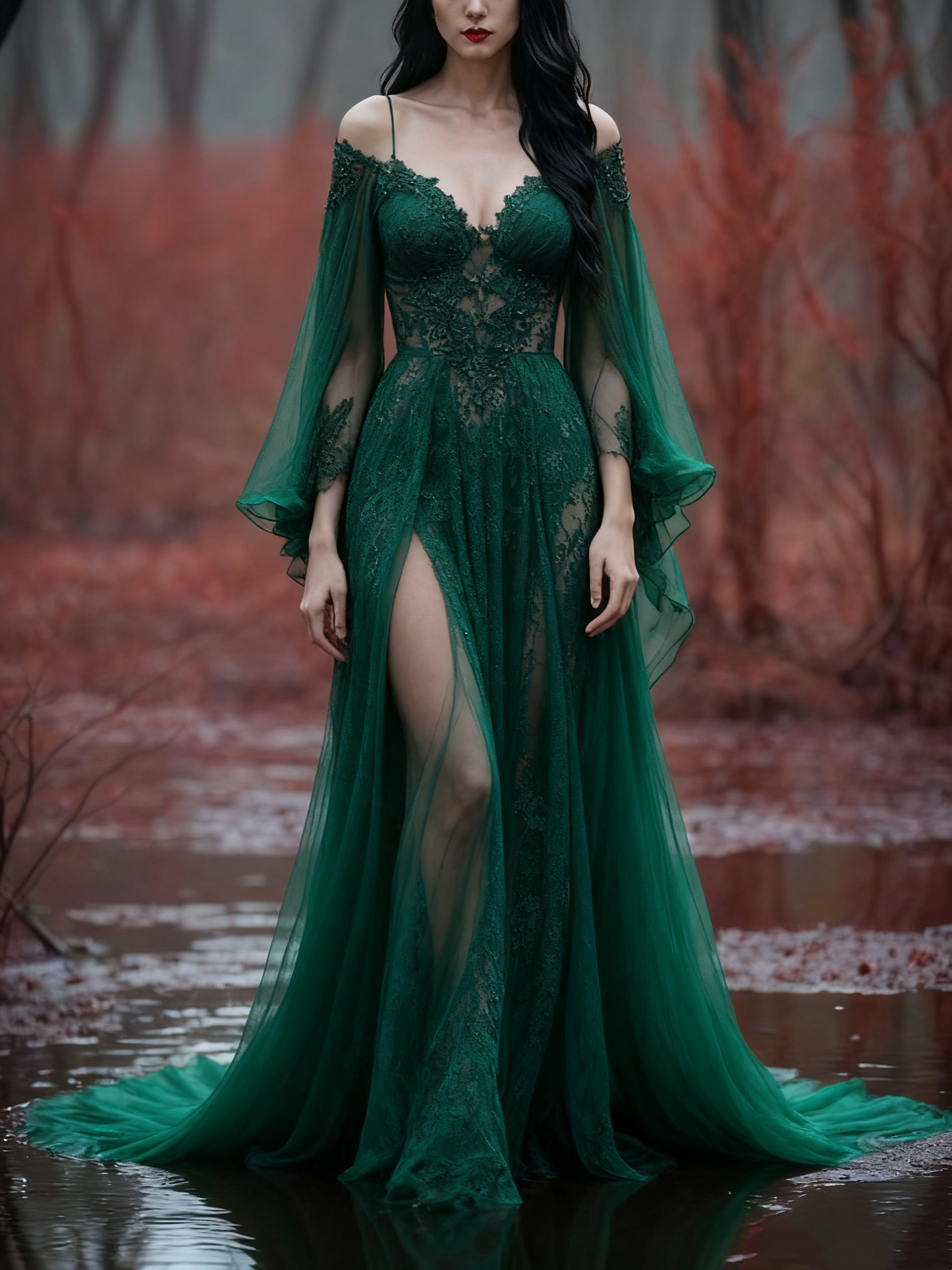 girlhomeshops-Long Sleeves Long Tulle Floor-Length Train Retro Elegant Ball Gown Evening Dress gh5943