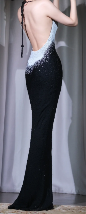 ✨Girlhomeshops-Halter Ombre Sequin Mermaid Prom Dress Cowl Neck Backless Sparkly Evening Gown gh9956