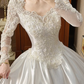 White Vintage Satin Wedding Ball Gown, V‑Neck Sheer Lace Long Sleeves, Lace Beaded Appliqué Fitted Bodice, Multi‑Layer Ruffle Cake Skirt, Prom Dress gh8658