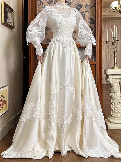 Off‑White Vintage Victorian Illusion High‑Neck Lace Puff Long Sleeve Fitted Waist Satin Long Prom Gown, Wedding Dress gh8614