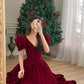 Burgundy Velvet V Neck Short Puff Sleeve Beaded A-Line Long Floor Length Ball Gown Evening Dress Christmas Party Dress gh3042