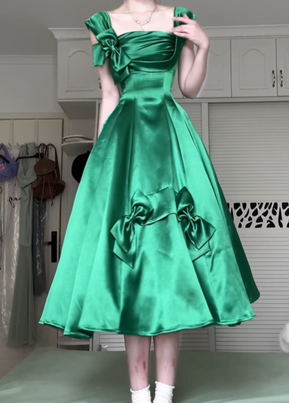 Emerald Green Satin Midi Evening Gown, Square Neck Cap Sleeve Bow Decor A‑Line Formal Prom Dress gh9038