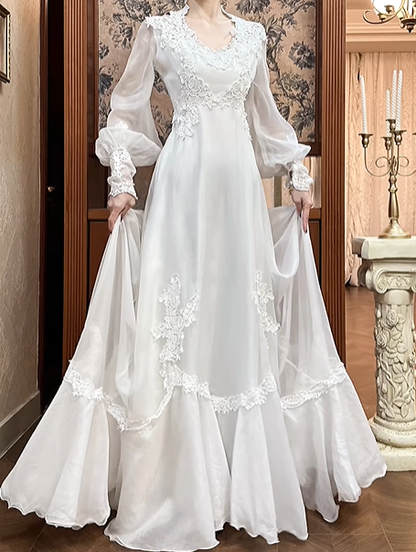 White Vintage Edwardian Wedding Gown, V‑Neck Lace Trim Stand Collar, Lantern Puff Long Sleeves, High Waist With Floral Lace Appliqués, Flowy Chiffon Flared Long Skirt, Prom Dress gh8660