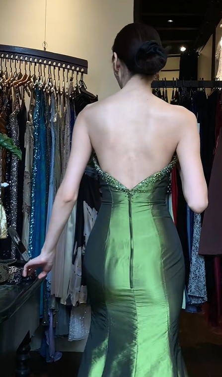 Olive Green Strapless Long Formal Gown Beaded Taffeta Mermaid Evening Dress gh9658