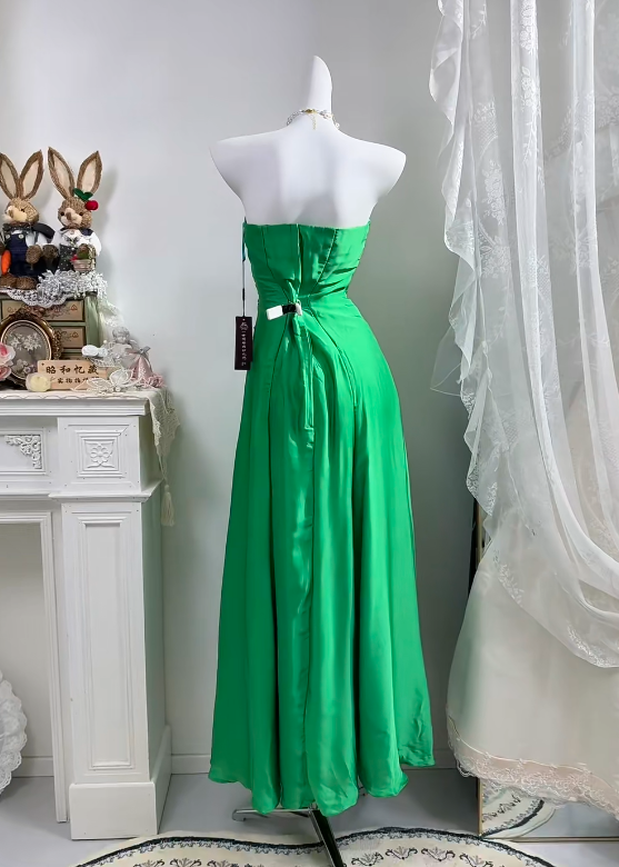 Bright Green Satin Long Evening Gown, Strapless Ruched Bodice With Beading Slit Formal Prom Dress gh9277