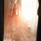 Peach Pink Strapless Ball Gown, Sweetheart Neckline 3D Floral Appliqué High Waist Back Big Bow Flowy Tulle A‑Line Long Formal Dress gh9109