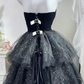 Black Velvet Long Evening Gown, Strapless Bodice Multi-Layer Glitter Tulle Cake Skirt Princess Prom Dress gh9278