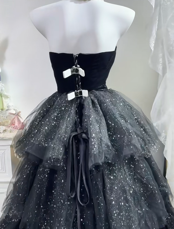 Black Velvet Long Evening Gown, Strapless Bodice Multi-Layer Glitter Tulle Cake Skirt Princess Prom Dress gh9278