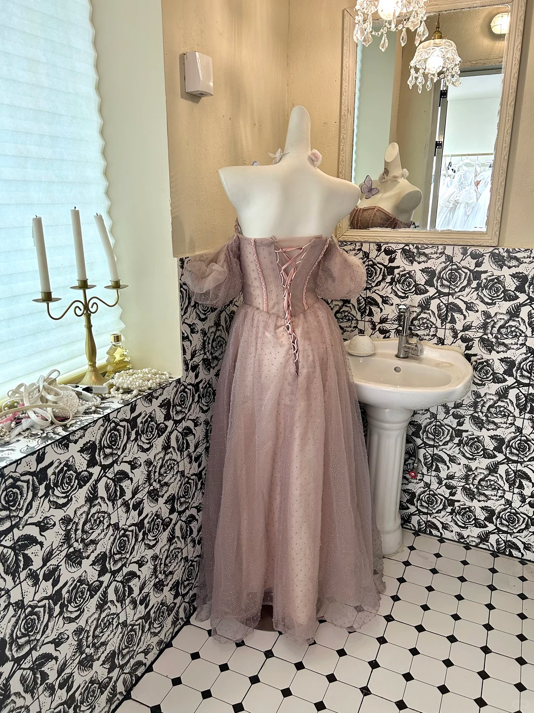 Light Pink Soft Off-the-Shoulder Waist-Cinched Boned Slimming Romantic Dress, Wedding Gown gh7753