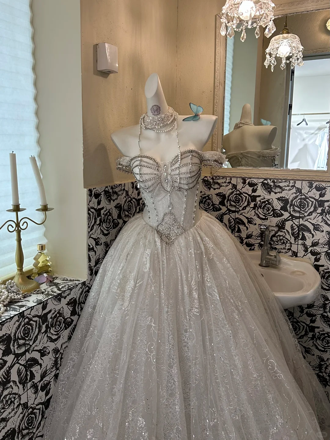 Ivory Strapless Silver Embellished Voluminous Full Flared Skirt Romantic Dress, Wedding Gown gh7602