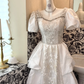 White Puff Sleeve Beaded Waist-Cinched Long Vintage Romantic Dress, Wedding Gown gh7501