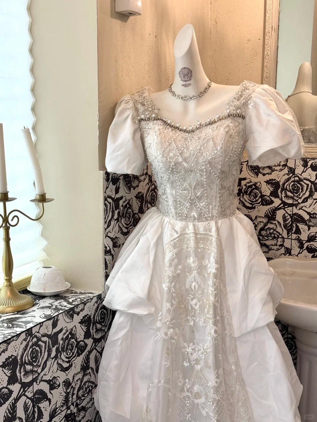 White Puff Sleeve Beaded Waist-Cinched Long Vintage Romantic Dress, Wedding Gown gh7501