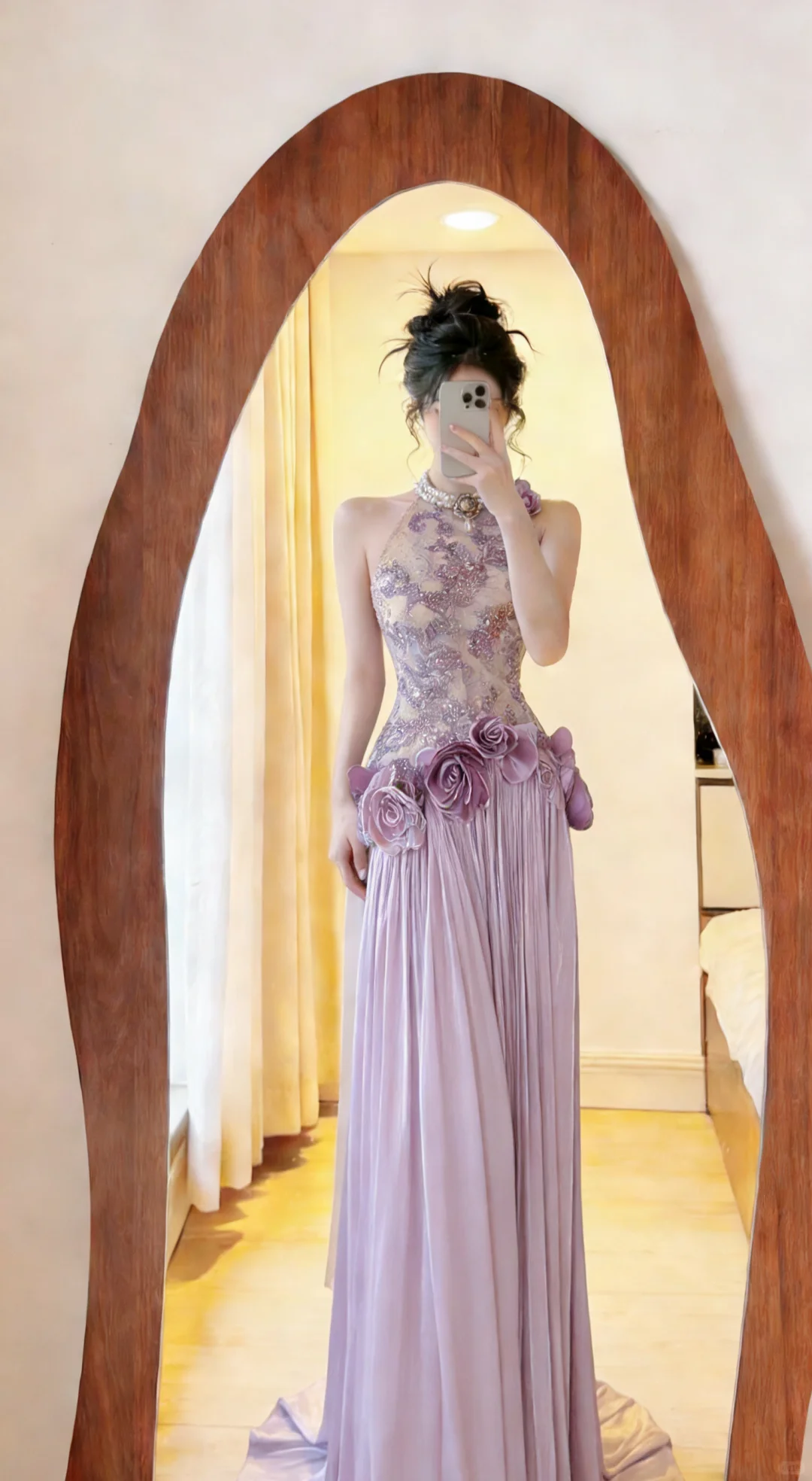 ✨Girlhomeshops-Lavender Halter 3D Rose Pleated Prom Dress gh10424