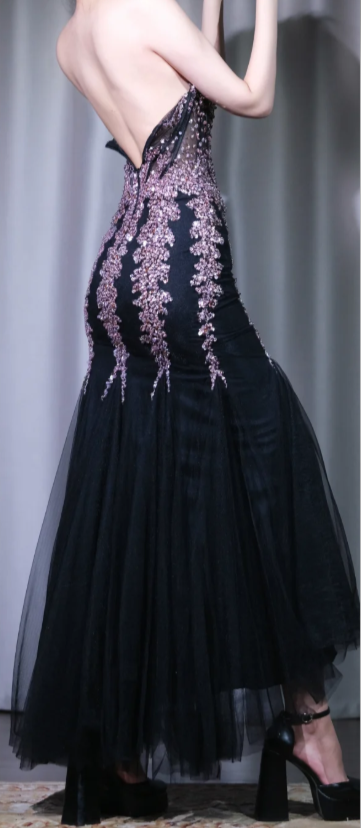 ✨Girlhomeshops-Strapless Corset Mermaid Dress, Black Tulle Rhinestone Beaded Evening Gown gh9937