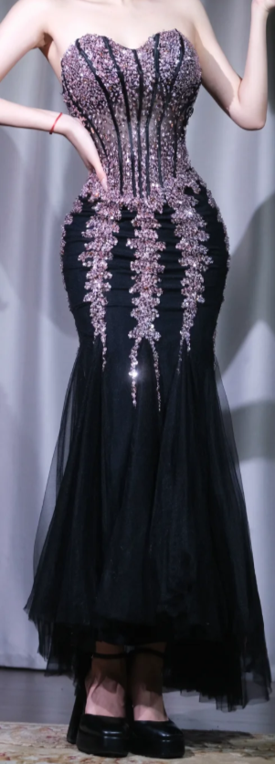 ✨Girlhomeshops-Strapless Corset Mermaid Dress, Black Tulle Rhinestone Beaded Evening Gown gh9937