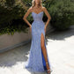 Blaues, modisches, glänzendes, schulterfreies Pailletten-Abendkleid mit engem, langem Schlitz, Ballkleid, gh2722