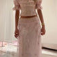 Robe deux-pièces rose en tulle à manches courtes et perles | Robe maxi élégante et luxueuse à encolure carrée découpée, idéale pour une soirée de gala gh6465