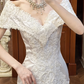 White Vintage Satin Mermaid Wedding Prom Dress, Off‑the‑Shoulder V‑Neck Lace Collar, Embroidered Lace Appliqués, Tulle Mermaid Long Train gh8693