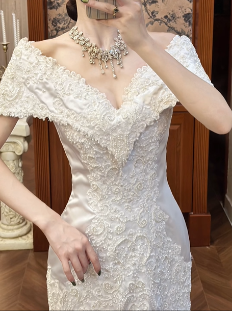 White Vintage Satin Mermaid Wedding Prom Dress, Off‑the‑Shoulder V‑Neck Lace Collar, Embroidered Lace Appliqués, Tulle Mermaid Long Train gh8693