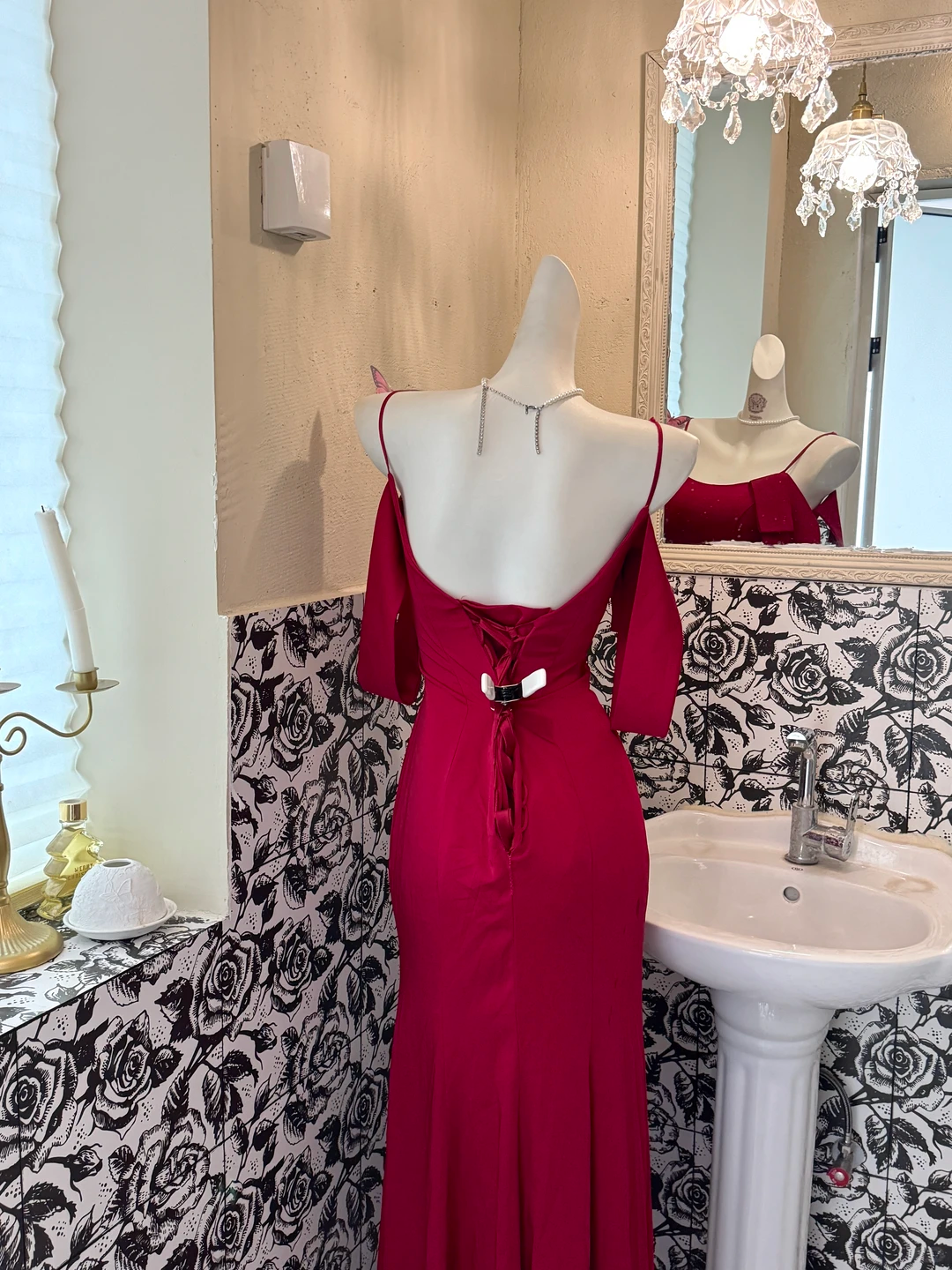 Burgundy Spaghetti Strap Off-the-Shoulder Waist-Cinched Fitted Elegant Romantic Dress, Wedding Gown gh7573