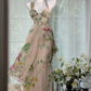Nude Watercolor Floral Print One Shoulder Chiffon Long Evening Dress, Rhinestone Strap A-Line Prom Gown gh9508