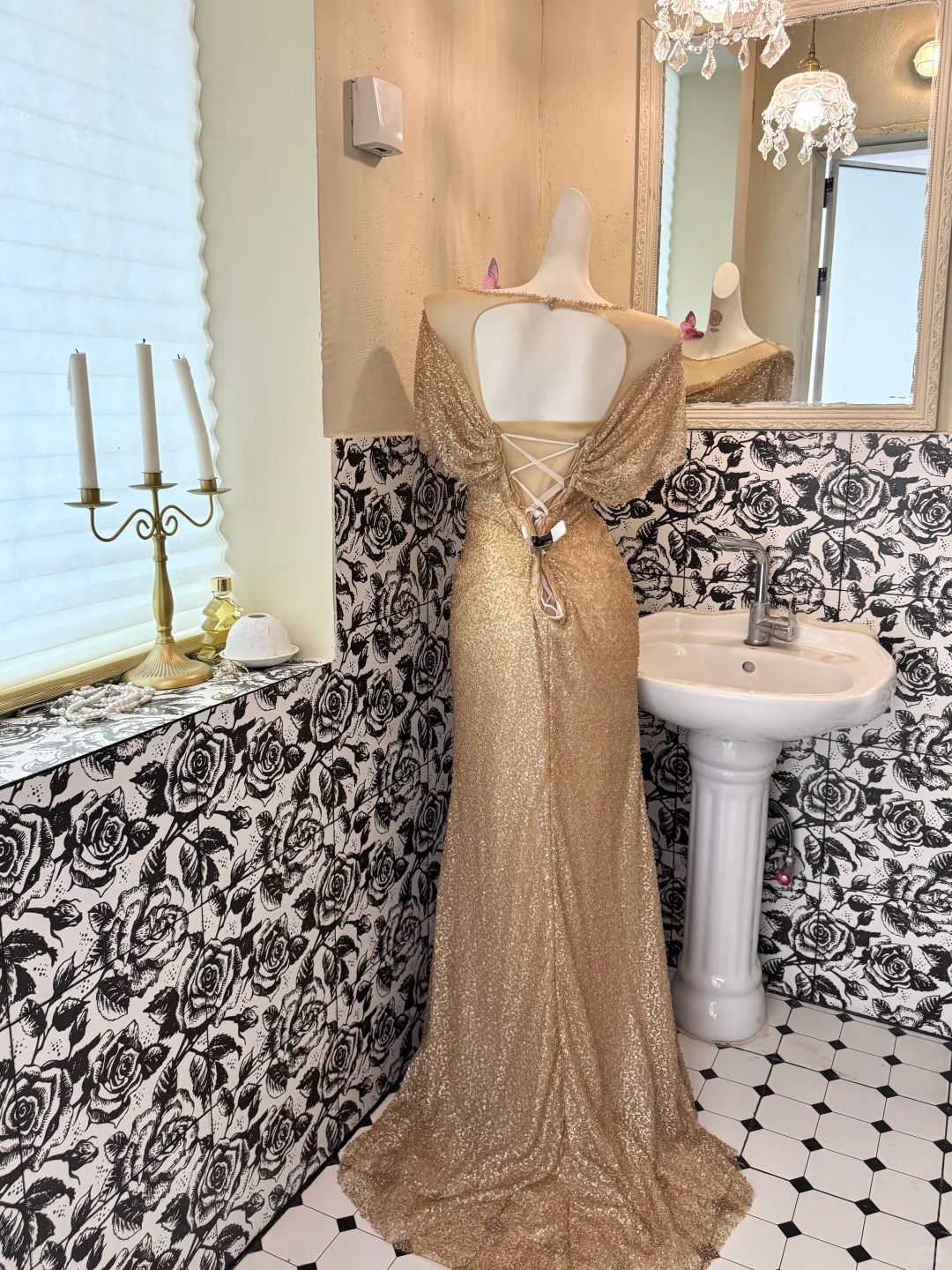 Gold Sequin Cape Collar Waist-Cinched Fitted Elegant Romantic Dress, Wedding Gown gh7526