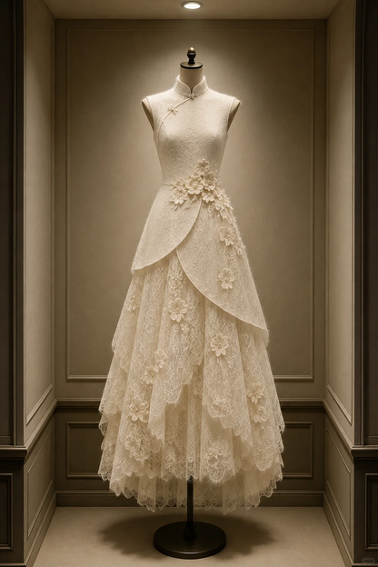 ✨Girlhomeshops-Cream Apricot 3D Floral Tiered Lace Sleeveless Qipao Cheongsam gh10402