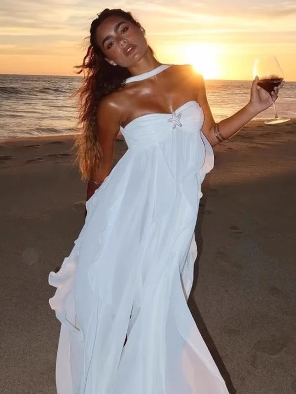Robe de soirée en mousseline de soie blanche, couleur pure, jeune, élégante, douce, longue, à volants, irrégulière, pour bord de mer, plage, vacances, robe de soirée, robe de bal, gh3538