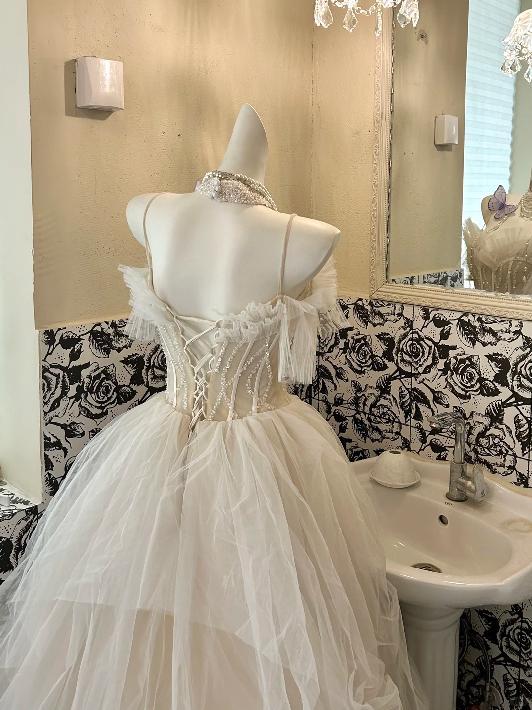 Ivory Spaghetti Strap Off-the-Shoulder Rhinestone Boned Cinched Waist Voluminous Skirt Long Romantic Dress, Wedding Gown gh7797
