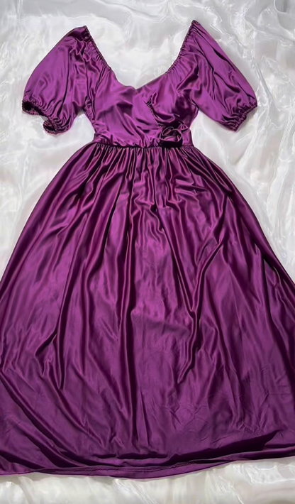 Vintage Purple Satin Long Prom & Evening Party Dress, Puff Sleeves, Fitted Waist, Full Flared Skirt gh8577