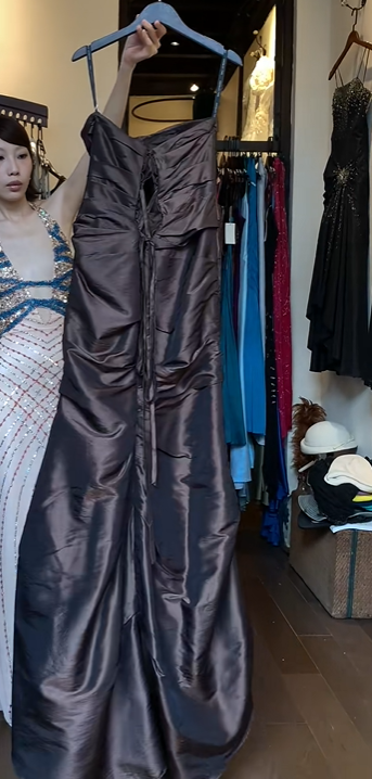 Dark Brown Satin Strapless Evening Gown Ruched Bodice Mermaid Long Formal Prom Dress gh9737