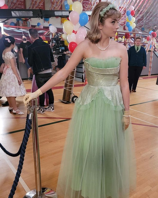 Hellgrünes, elegantes, langes Tüll-Ballkleid mit Retro-Stil, Abendkleid für Abschlussball, gh3669