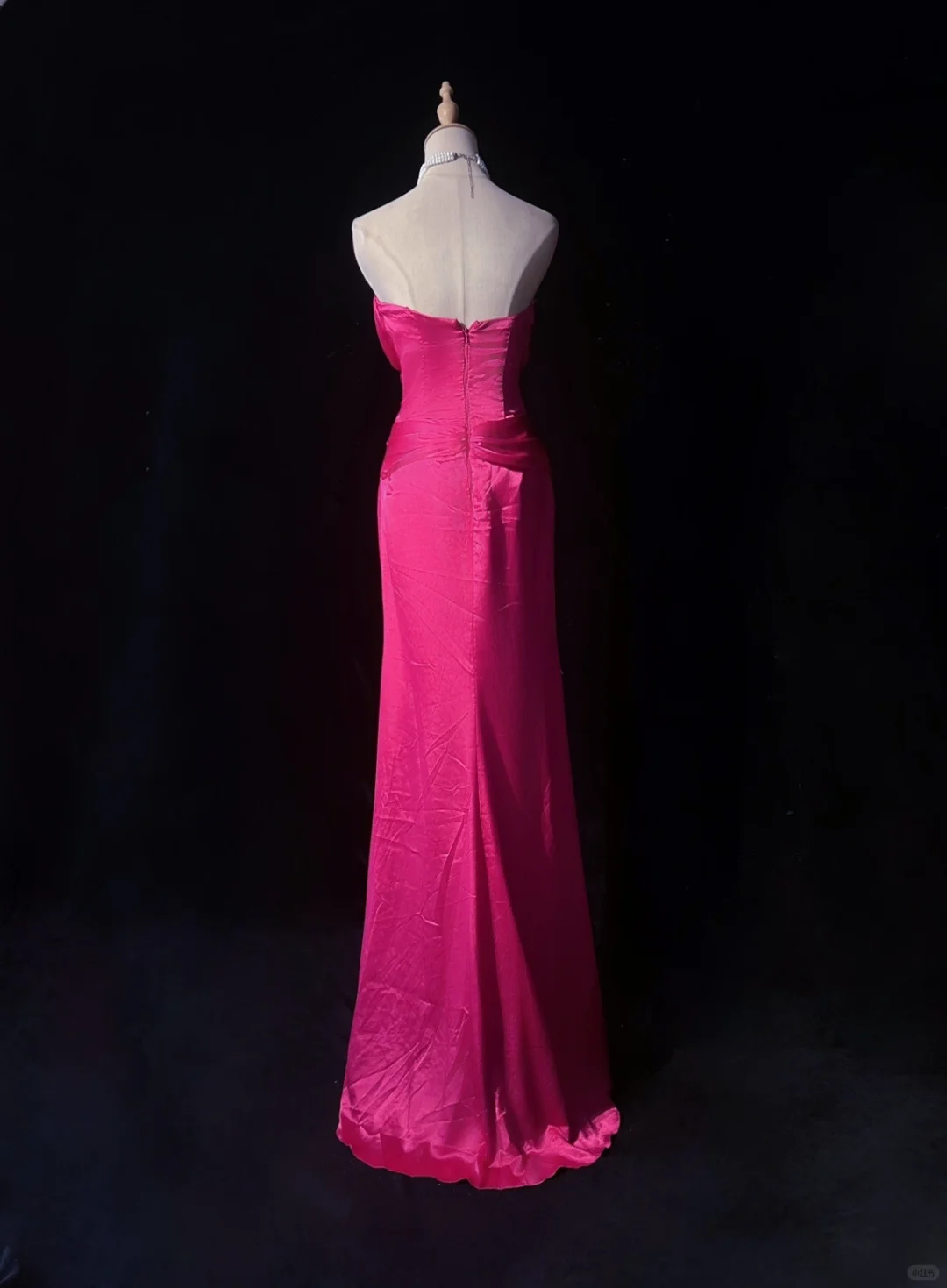 Fuchsia Satin Prom Dress V Neck Ruched Bodice Rhinestone Waist Long Sash Formal Gown with Ruffle Shrug gh9557