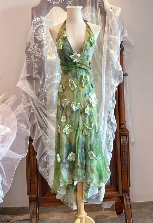 Green Ombre Halter Long Gown, 3D Floral Chiffon Party Dress gh9335