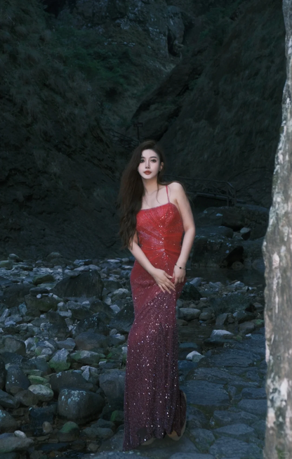 Red Burgundy Ombre Sequin Mermaid Long Evening Gown Spaghetti Straps Prom Dress gh9855