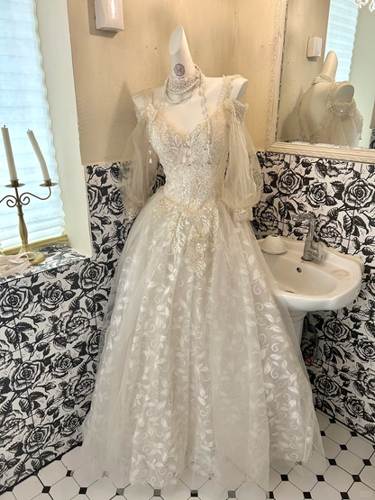 Ivory Spaghetti Straps Sequined Midi-Length & Long Fit Cinched Waist Romantic Dress, Wedding Gown gh7799