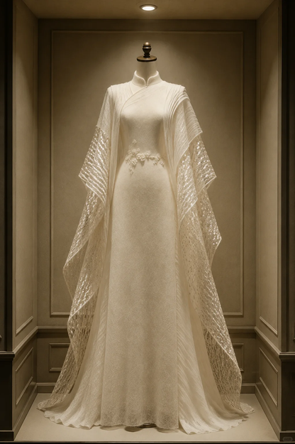 ✨Girlhomeshops-Ivory Sheer Pleated Cape Qipao Cheongsam Wedding Evening Gown gh10385