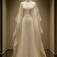 ✨Girlhomeshops-Ivory Sheer Pleated Cape Qipao Cheongsam Wedding Evening Gown gh10385