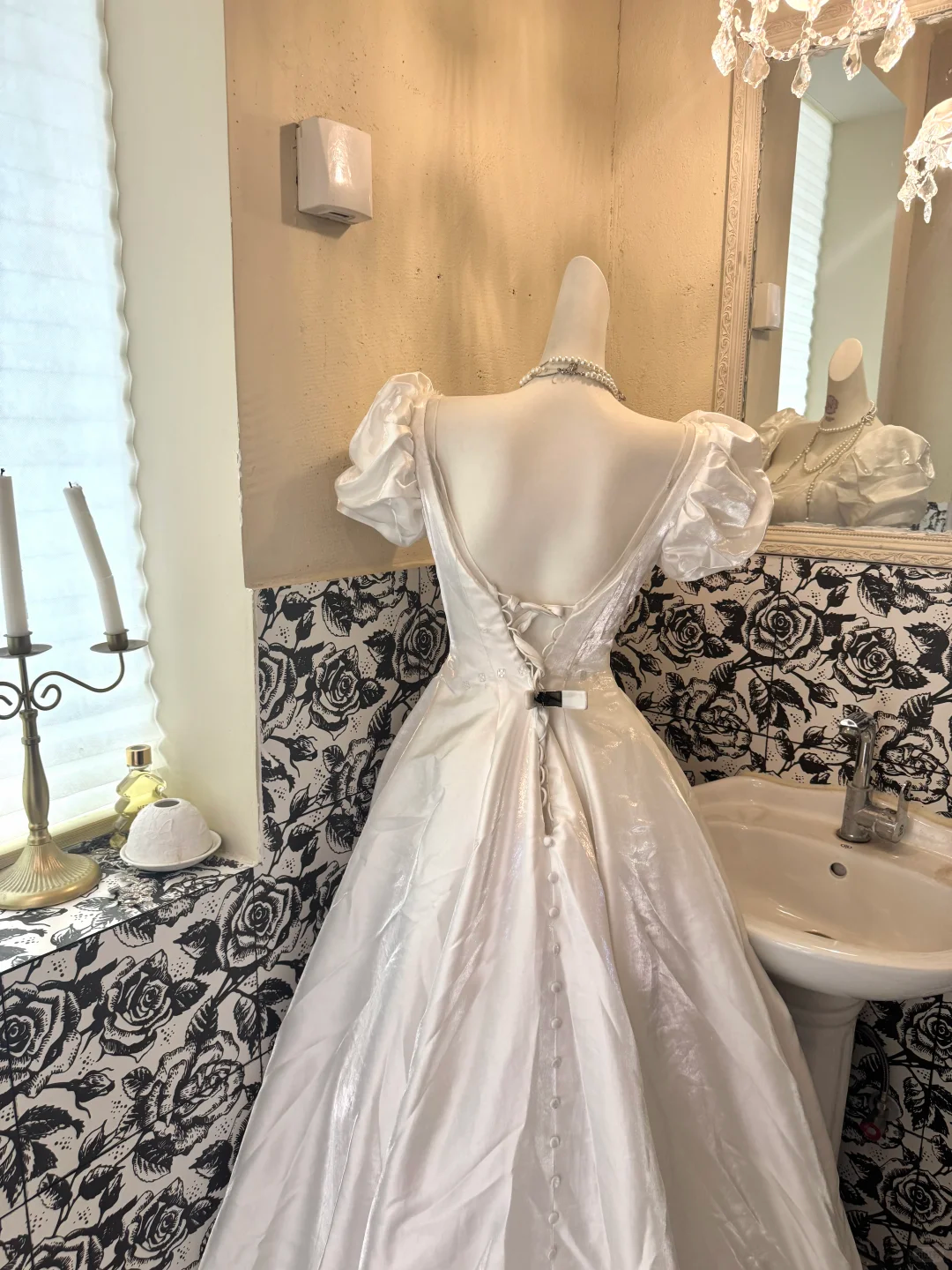 White Puff Sleeve Square Neck Satin Waist-Cinched Fitted Full Flared Romantic Dress, Wedding Gown gh7544