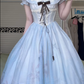 Light Blue Gradient Lolita Court‑Style Long Evening Gown, Square Neck Lace Ruffle Puff Sleeve Corset Lace‑Up Ball Prom Dress gh8996