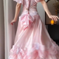 Pink‑Vintage‑Ball‑Gown Square‑Neck‑Puff‑Sleeves White‑Lace‑Appliqué‑Bodice Satin‑Voluminous‑Princess‑Skirt 3D‑Lace‑Bow‑Details Rococo‑Prom‑Bridal‑Evening‑Dress gh8850