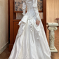 White Vintage Pleated Satin A‑Line Wedding Prom Dress, Off‑the‑Shoulder Folded V‑Neck, Twisted Pleated Long Sleeves, Baroque Lace Appliqués gh8714