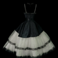Black‑White Contrast Vintage Midi Prom Gown, Black Satin Bodice, Rhinestone Floral Wide Waistband, Multi‑Layer White Tulle Skirt, Black Lace Hem, Retro Sweet Party Photoshoot Dress gh8870