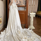 Champagne Vintage Satin Wedding Gown, Illusion Lace High Neck Over Sweetheart Neck, Puff Shoulder Lace Long Sleeves, Gold‑Thread Lace Appliqué Pointed Waist, A‑Line Satin Long Train With Ruffle Lace Hem, Prom Dress gh8651