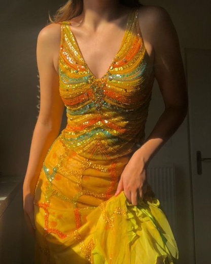 ✨Girlhomeshops-Golden Yellow V Neck Sequin Beaded Prom Dress, Irregular Ruffle Chiffon Long Evening Gown gh10228