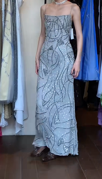Light Silver Gray Vintage Prom Dress Spaghetti Straps Square Neck Abstract Beaded Mermaid Long Evening Gown gh9614